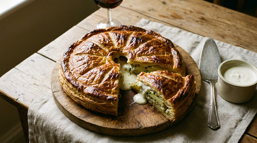 Pâté de pommes de terre limousin, tourte feuilletée dorée sur une planche, une part coupée montrant les lamelles de pommes de terre et la crème fraîche, verre de vin rouge, table en bois