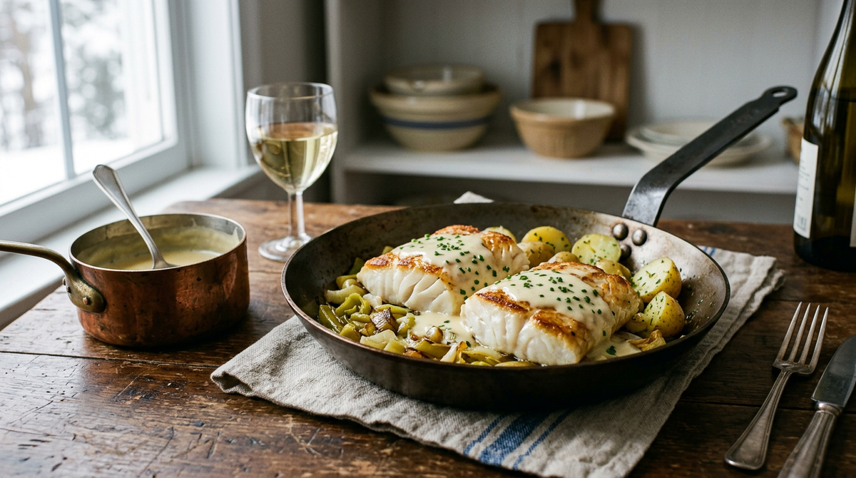 Deux dos de cabillaud nacrés en grosses lamelles dans une poêle, napés de beurre blanc et de ciboulette, avec poireaux fondus et pommes de terre vapeur, casserole de sauce et verre de vin blanc