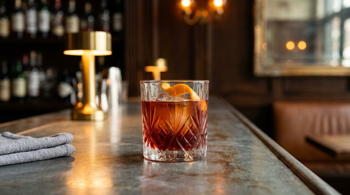 Boulevardier sans alcool rouge brun sur un gros glaçon, large zeste d'orange, comptoir de zinc patiné