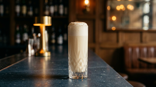 Royal Fizz ivoire crémeux avec une haute colonne de mousse au-dessus du verre étroit, muscade râpée, comptoir de pierre bleue belge