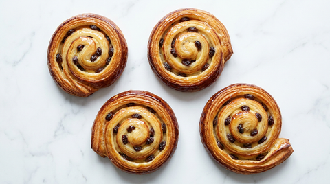 Pains aux raisins vus de dessus sur du marbre blanc, spirales bien ouvertes aux tours nettement séparés, glacage brillant, raisins et crème pâtissière entre les couches