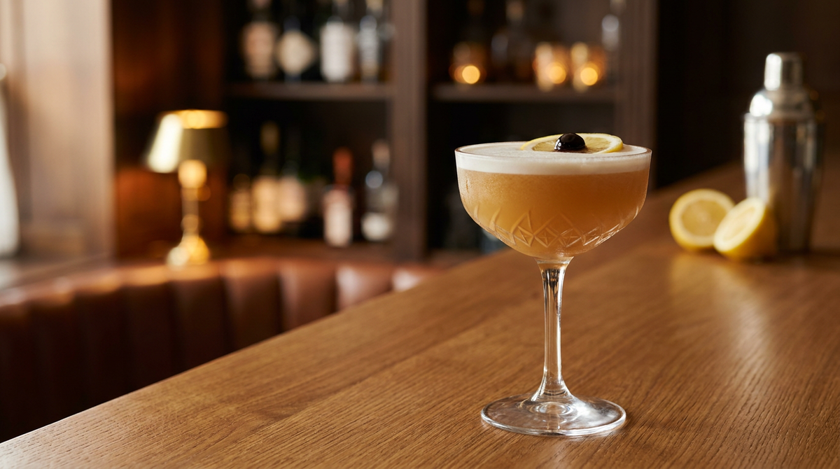 Brandy sour ambre doré sous une mousse blanche dense dans une coupe, rondelle de citron et cerise, comptoir de chêne de Hongrie