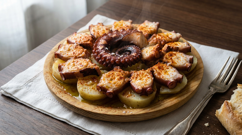 Pulpo a la gallega, tranches de poulpe à la peau brun rouge sur des rondelles de pomme de terre, pimentón et huile d'olive