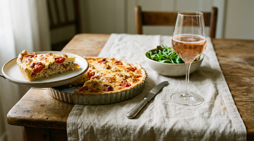 Tarte au thon dans un moule cannelé, pâte brisée dorée, fond moutardé, thon émietté, rondelles de tomate rôties et appareil gratiné au gruyère, une part sur une assiette, couteau à plat, salade verte, verre de crémant rosé pâle