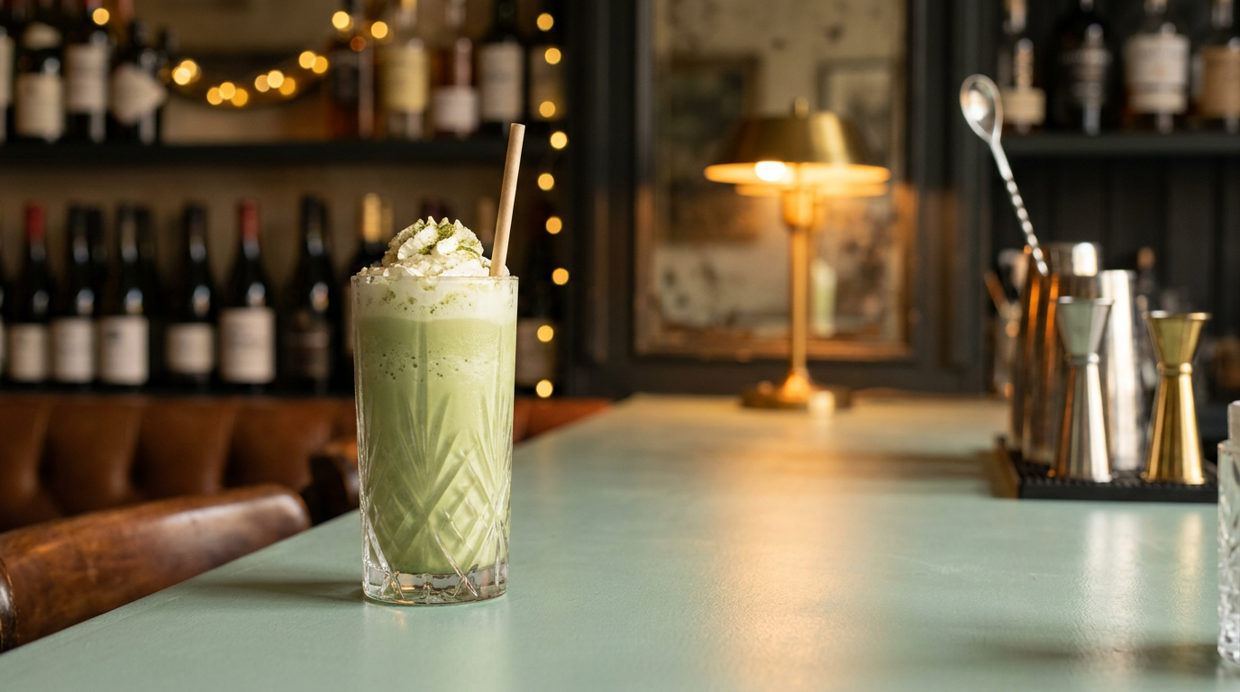 Matcha frappé dans un grand verre, crème fouettée et voile de thé vert, enduit peint vert d'eau