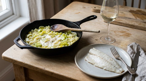 Fondue de poireaux dans une sauteuse en fonte, demi-rondelles de poireau blanches et fondues luisantes de beurre, crème à peine versée dessus, poivre blanc, cuillère en bois, filet de poisson posé à côté, table de bois clair