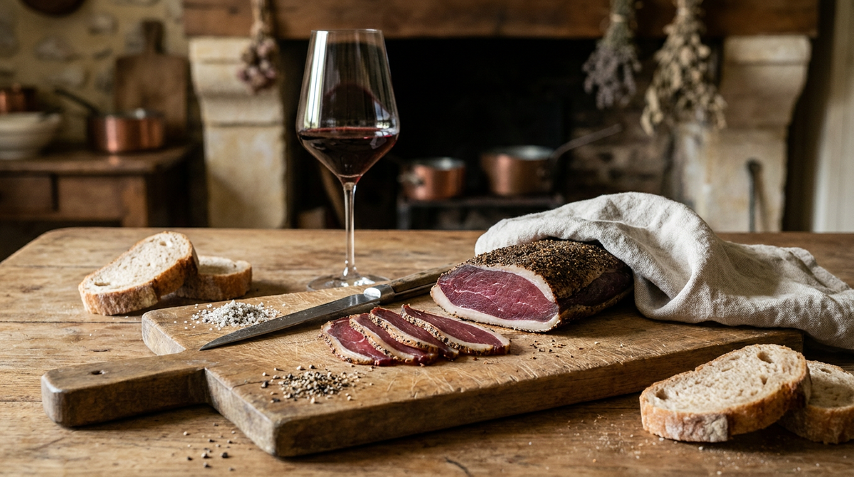 Magret de canard séché en tranches fines rosées bordées de gras blanc, sur une planche de bois ancien avec le couteau, le magret entier dans son torchon, poivre concassé et gros sel, verre à vin à pied de rouge grenat, lumière chaude