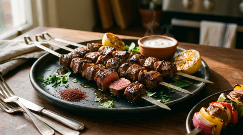 Brochettes d'agneau, cubes espacés sur la broche, angles carbonisés, un morceau coupé rosé