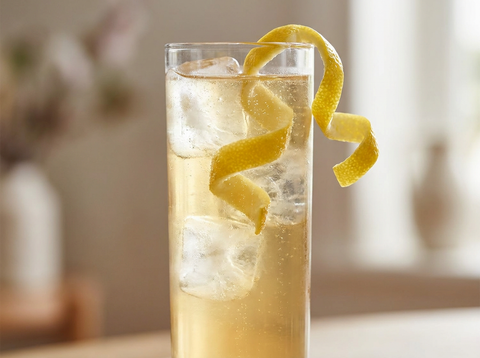 Horse's Neck en verre highball sur glace, long ruban de zeste de citron sur le bord, robe dorée pétillante
