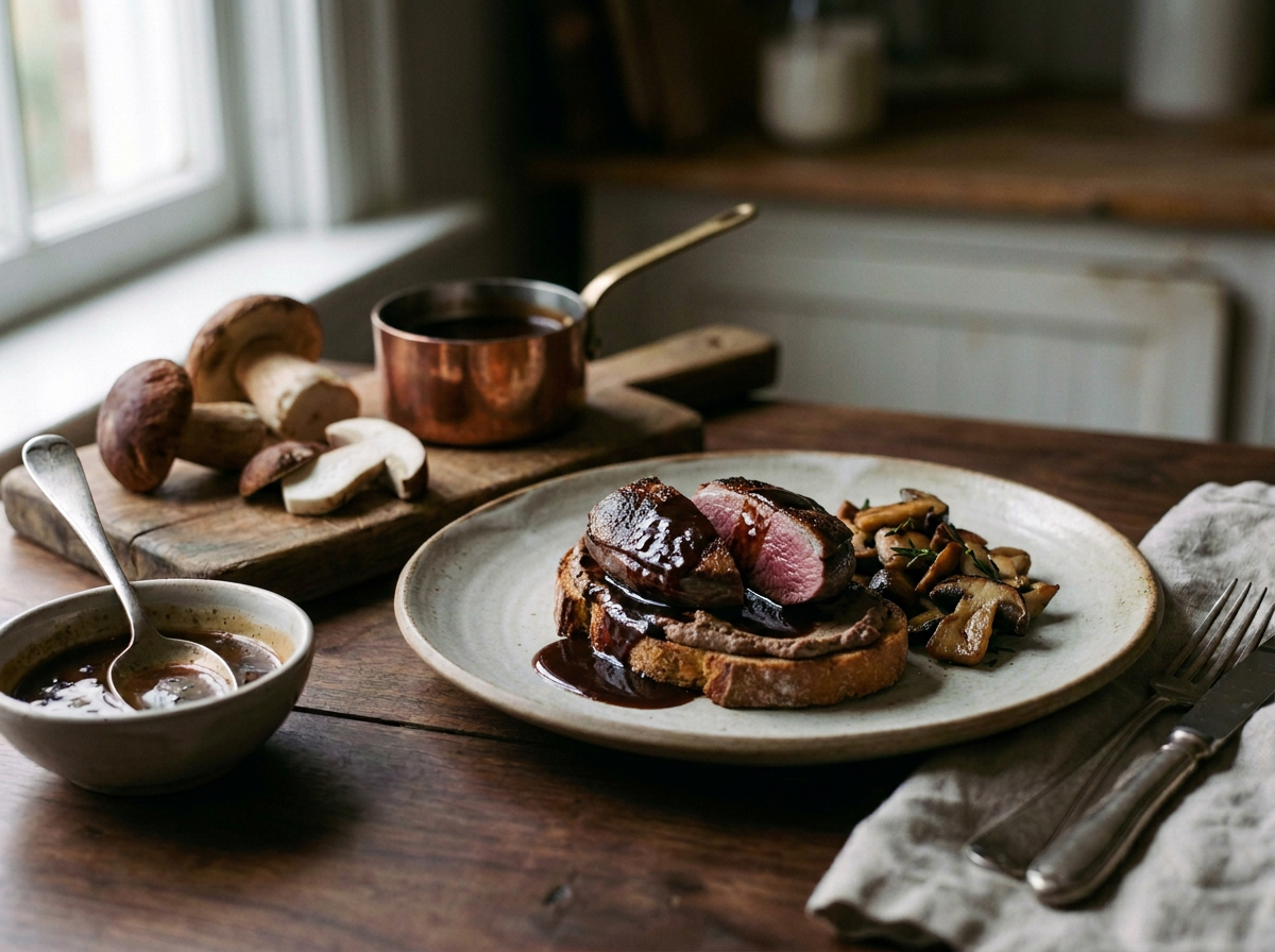 Salmis de palombe : filets rosés sur croûton au foie nappés de sauce sombre, cèpes poêlés et casserole en cuivre