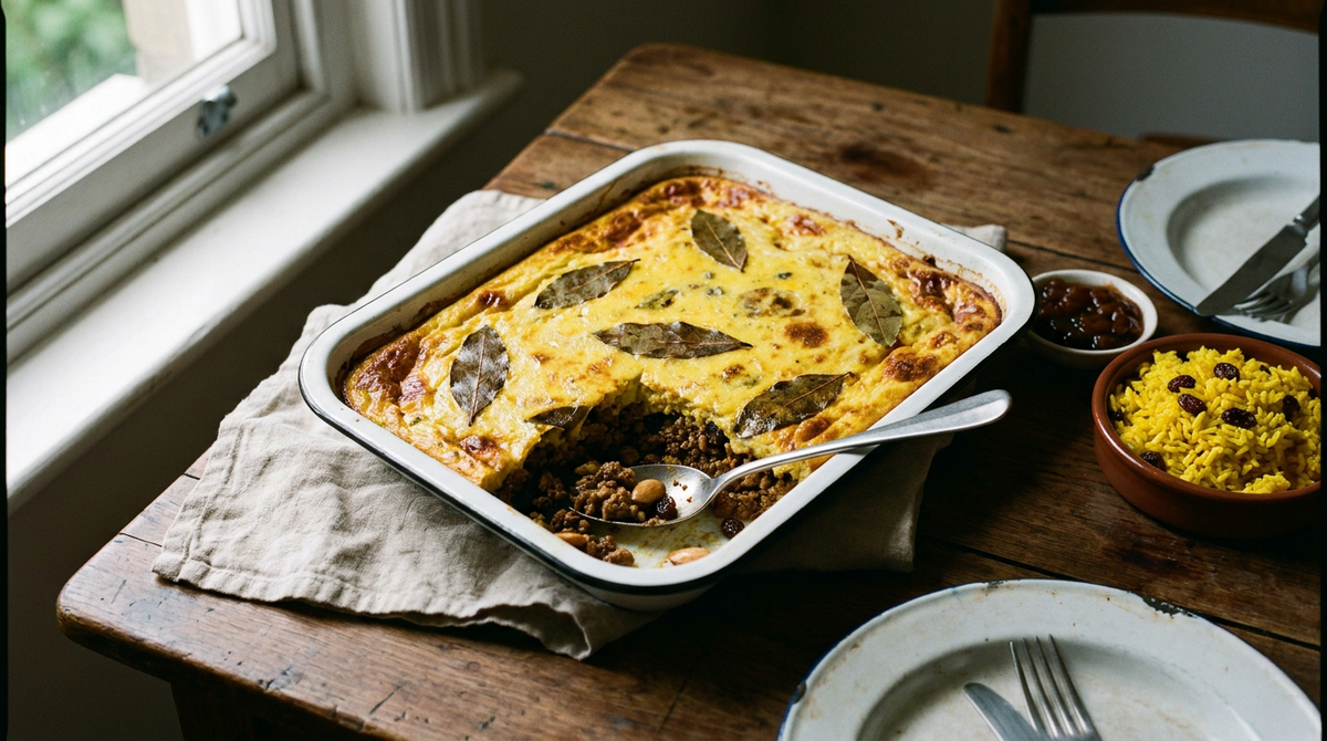 Bobotie sud-africain dans un plat blanc, viande hachée épicée aux raisins et amandes sous une couche dorée d'appareil à l'œuf, feuilles de laurier plantées debout, riz au curcuma à côté