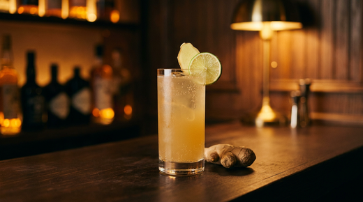 Verre highball rempli d'une boisson au gingembre trouble et dorée, bulles fines, tranche de gingembre frais et rondelle de citron vert, comptoir de bois ciré sombre