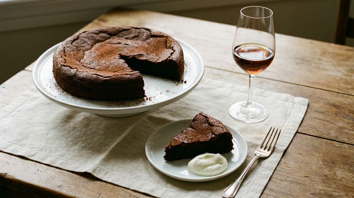 Gâteau au chocolat sans farine, dessus craquelé poudré de cacao, une part coupée montrant l'intérieur dense et fondant, crème fraîche, table de bois, verre de vin liquoreux