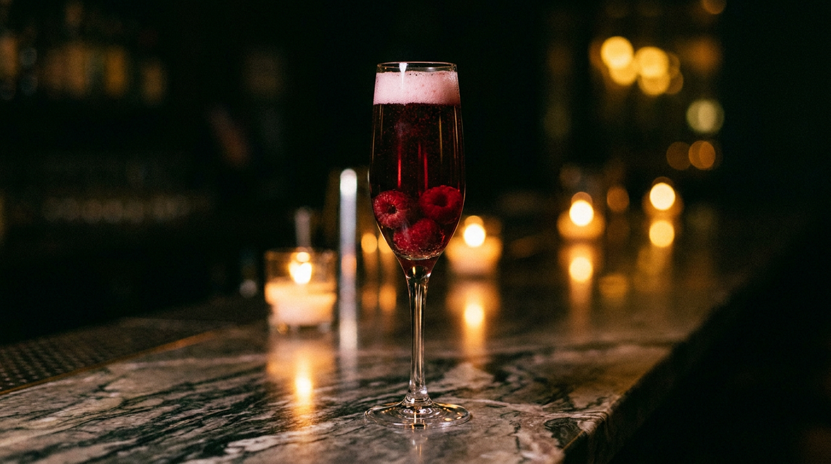 Mocktail rouge grenat dans une flûte à champagne, trois framboises au fond et fine mousse rose, comptoir de marbre sombre, lumière de bougie et reflets dorés flous