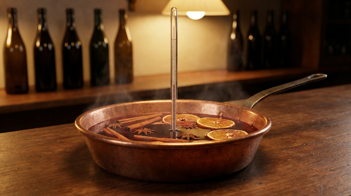 Casserole large en cuivre contenant un vin chaud rouge fumant avec bâtons de cannelle et rondelles d'orange, thermomètre plongé dedans, comptoir de bois ciré sombre