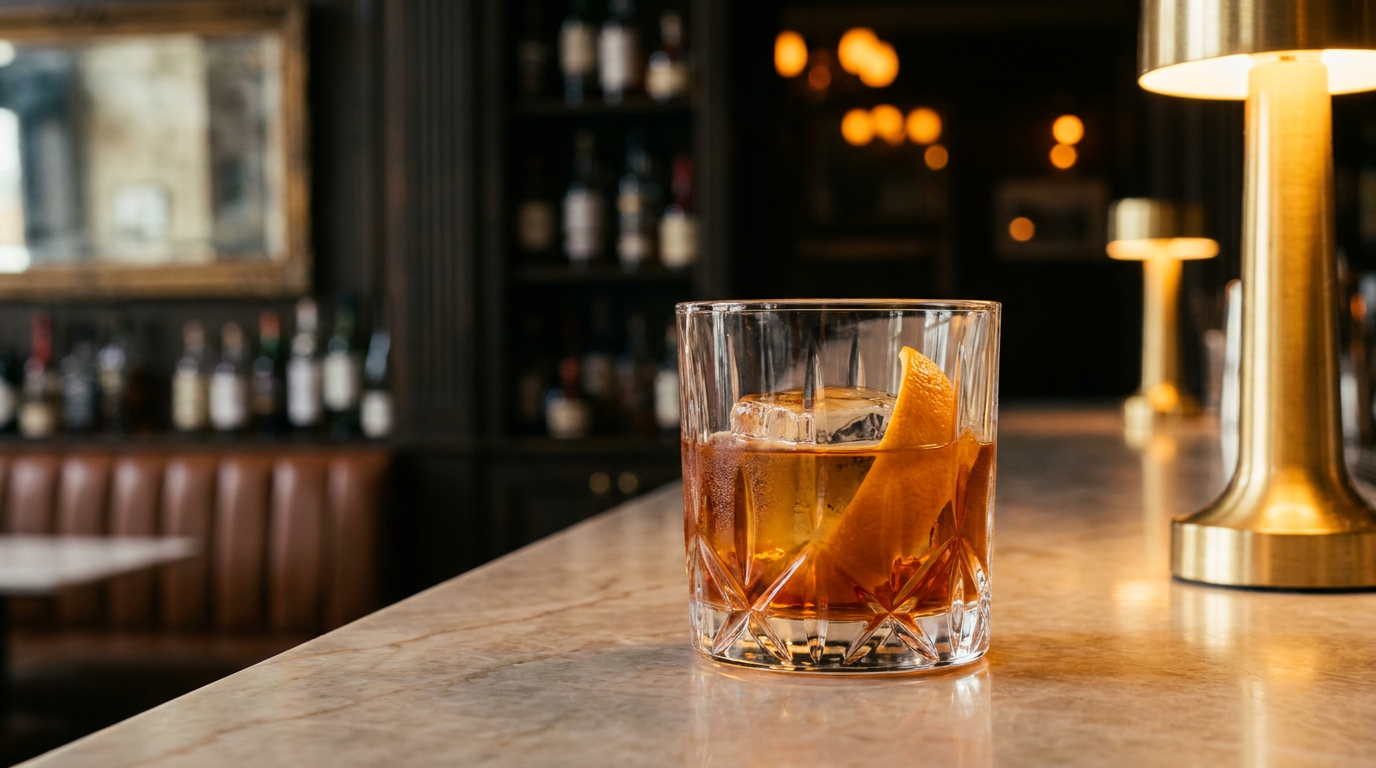 Armagnac Old Fashioned sur un gros glaçon, zeste d'orange, sur un comptoir de marbre brun