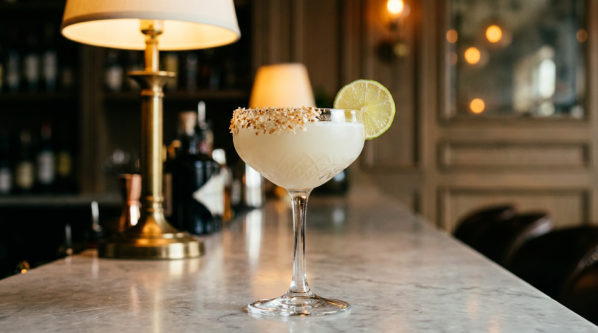 Margarita à la noix de coco crémeuse en coupe, bord à la noix de coco râpée et rondelle de citron vert, comptoir de marbre gris clair