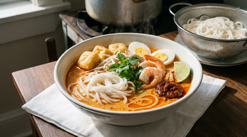 Laksa malaisien en bol, bouillon coco orangé avec anneaux d'huile épicée, nouilles de riz bien détachées, crevettes et tofu
