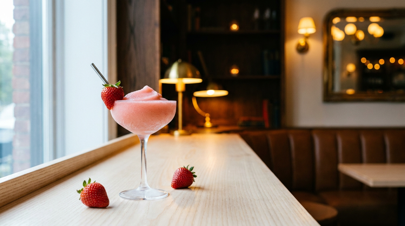 Virgin daiquiri à la fraise en coupe, texture givrée rose, sur un comptoir de frêne blond