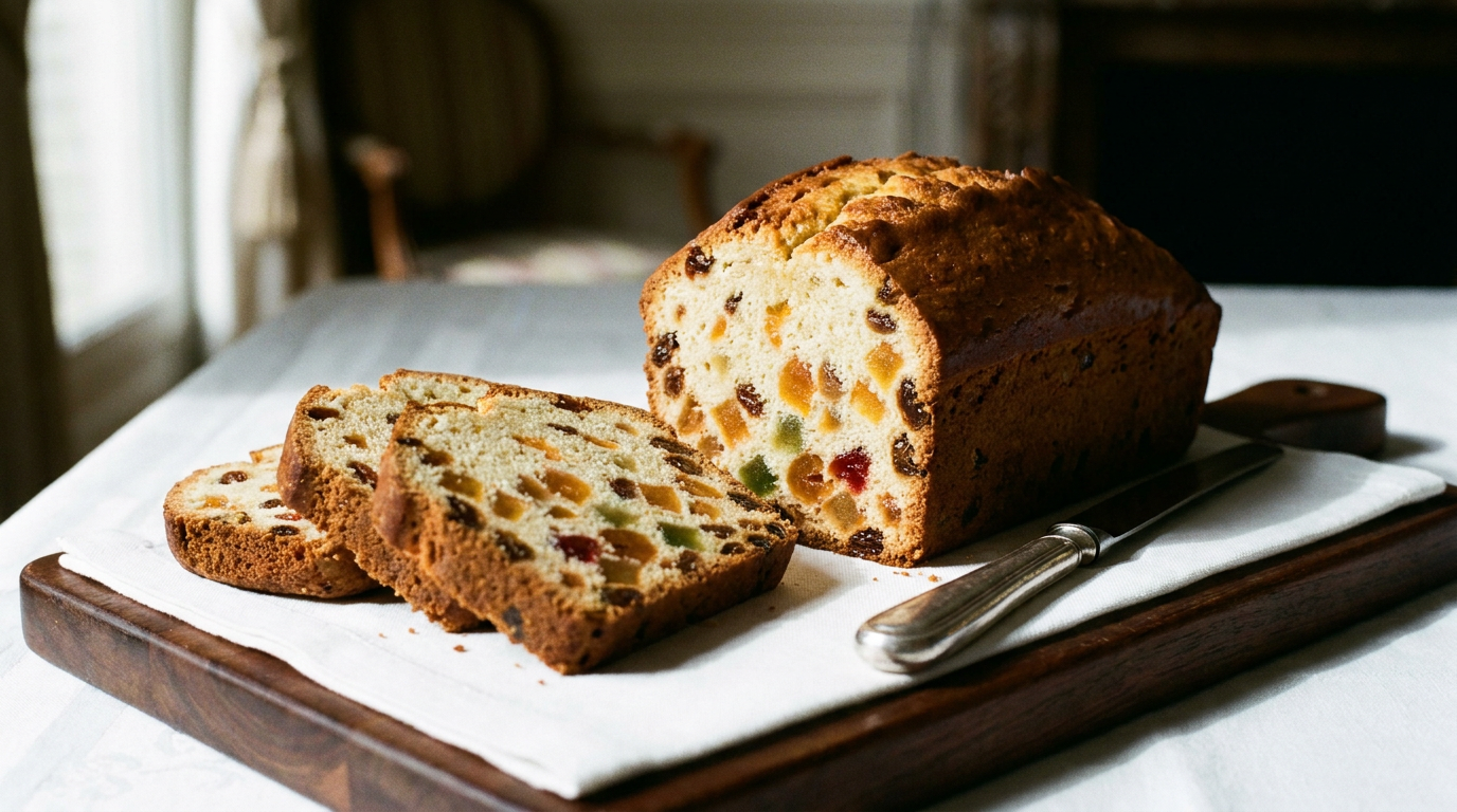 Cake aux fruits confits tranché, croûte dorée fendue sur le dessus, fruits répartis dans toute la hauteur des tranches