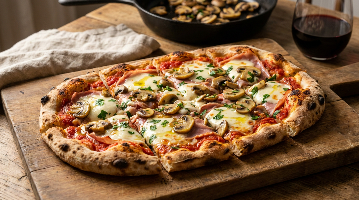 Pinsa jambon et champignons ovale sur une planche en bois, tomate, mozzarella fondue, champignons de Paris dorés et jambon blanc en lanières, bords soufflés et tachés, une poêle de champignons derrière, table de famille, lumière chaude