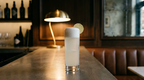 Mezcal fizz trouble et mousseux en verre long, coiffé d'une mousse de blanc d'oeuf et d'une roue de citron vert, sur un comptoir de béton ciré