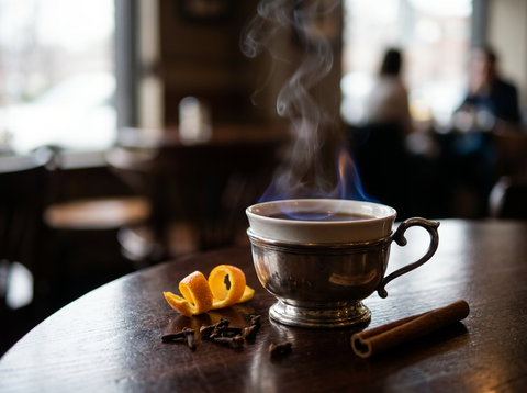 Café brûlot flambé, café chaud au cognac et aux épices avec une flamme et des zestes d'orange