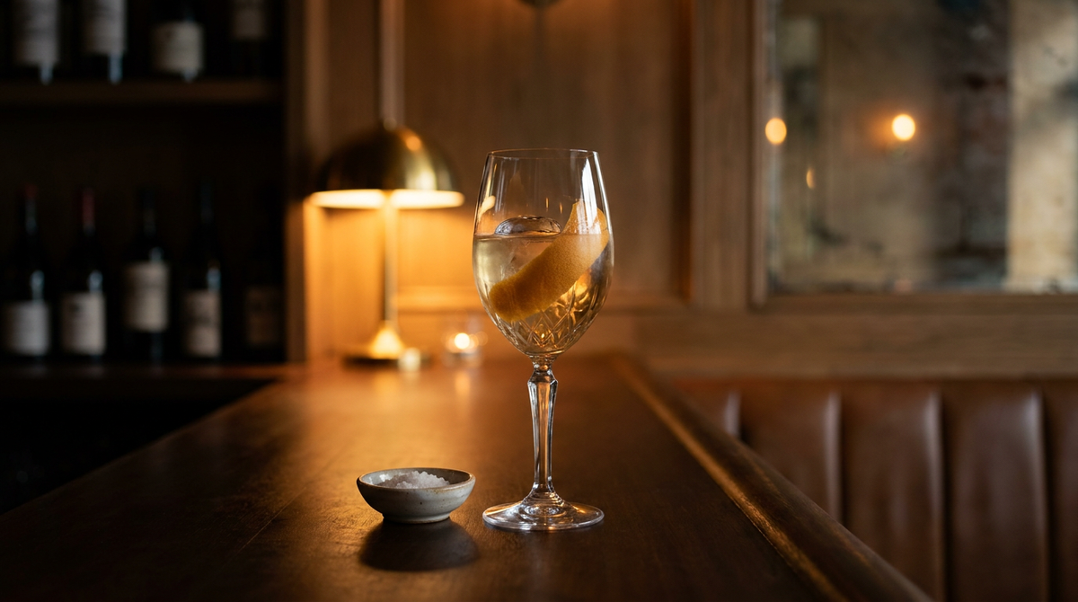 Verre à vin ballon d'apéritif sans alcool ambré très pâle sur gros glaçon, large zeste de pamplemousse tordu dedans, comptoir de bois ciré sombre
