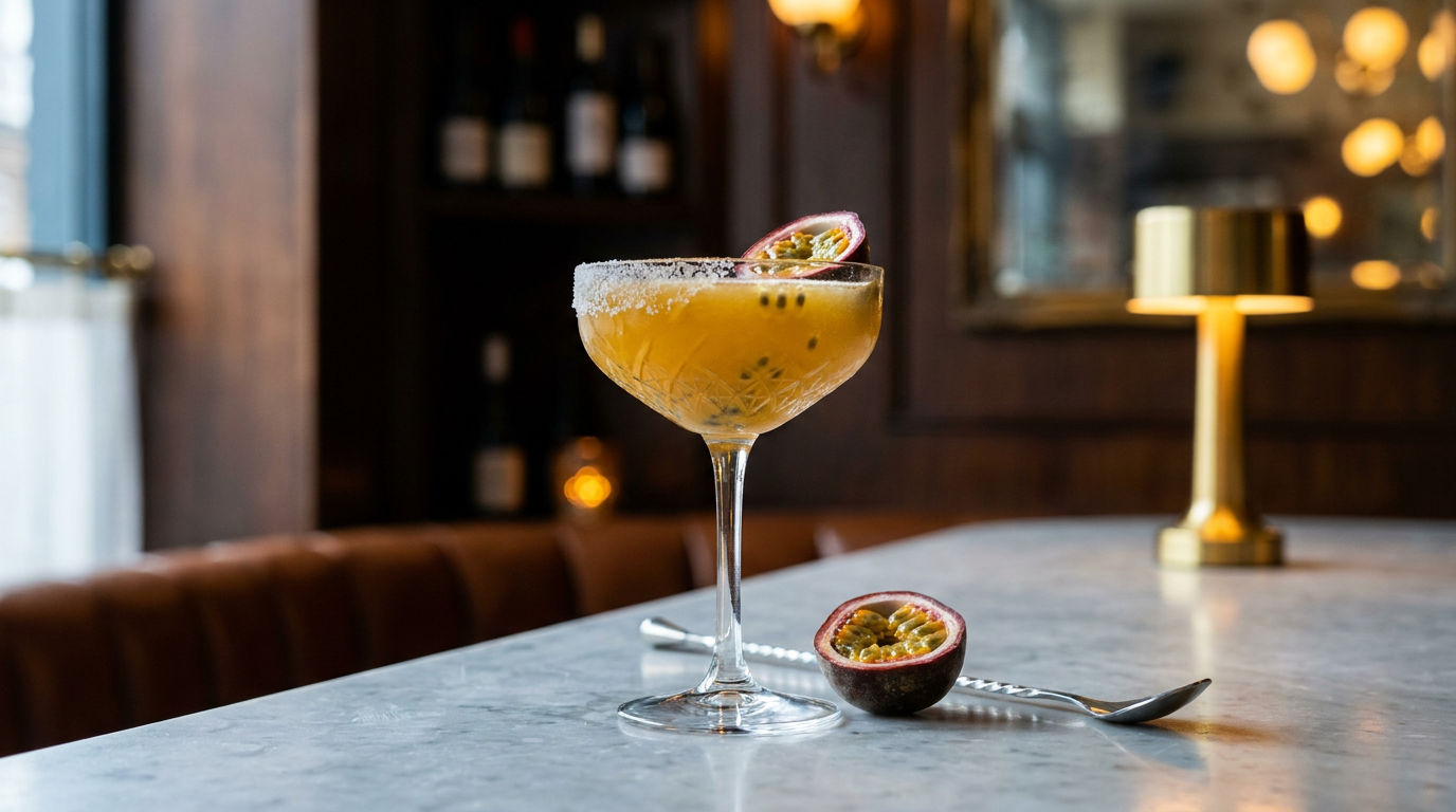 Margarita au fruit de la passion en coupe, bord salé, sur un comptoir de marbre gris