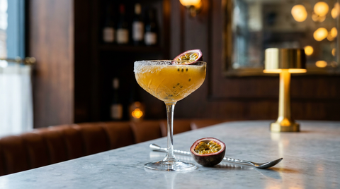 Margarita au fruit de la passion en coupe, bord salé, sur un comptoir de marbre gris