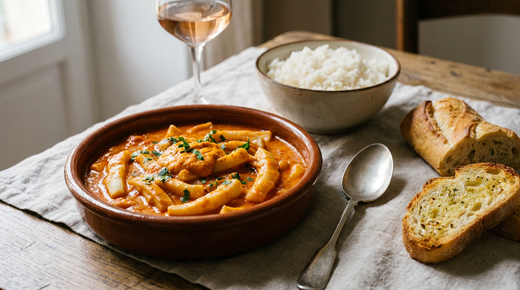 Seiche à la sétoise dans un plat en terre, lanières de seiche tendres mijotées dans une sauce tomate au safran liée à la rouille, persil, bol de riz, tranches de baguette grillées à l'ail, cuillère à plat, verre de rosé pâle
