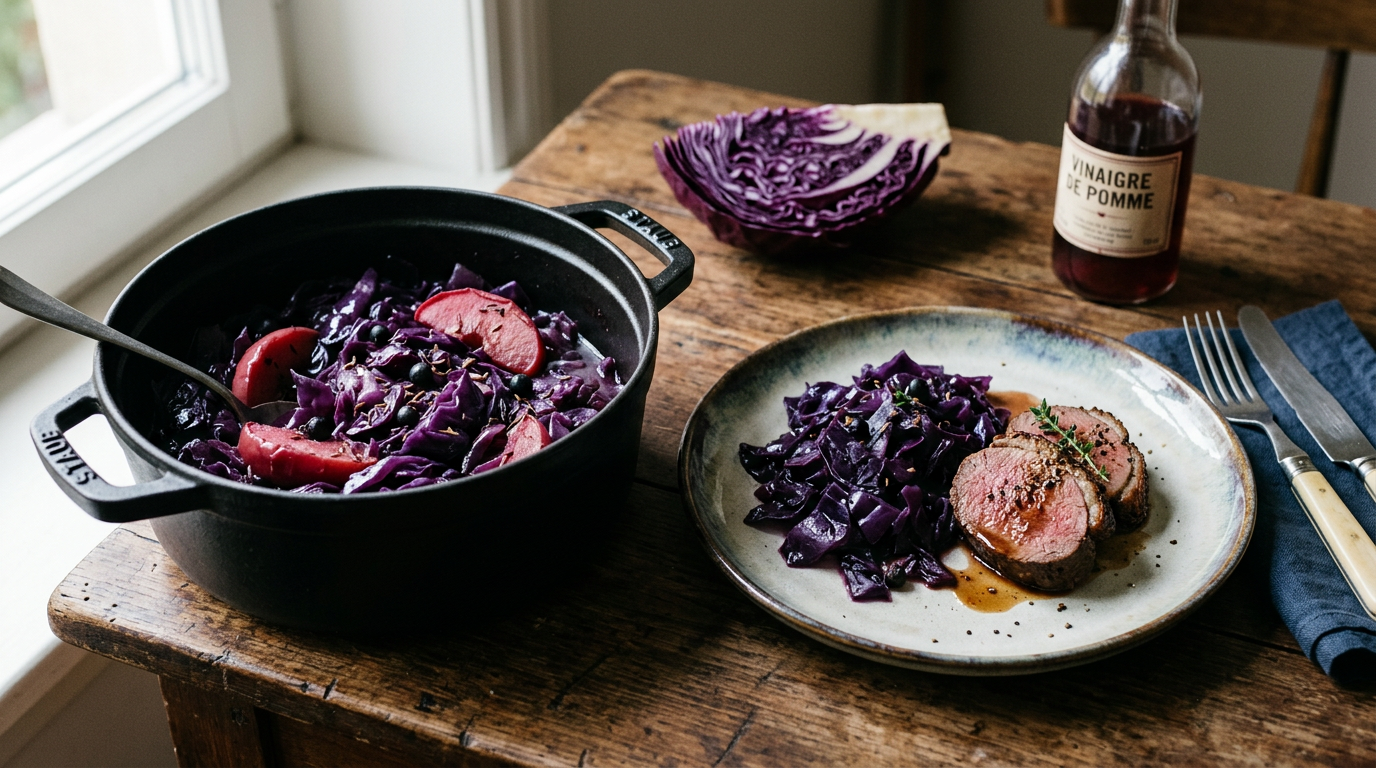 Chou rouge braisé violet profond dans une cocotte en fonte avec quartiers de pomme et baies de genièvre, assiette avec une portion et des tranches de gibier rôti, quart de chou rouge cru