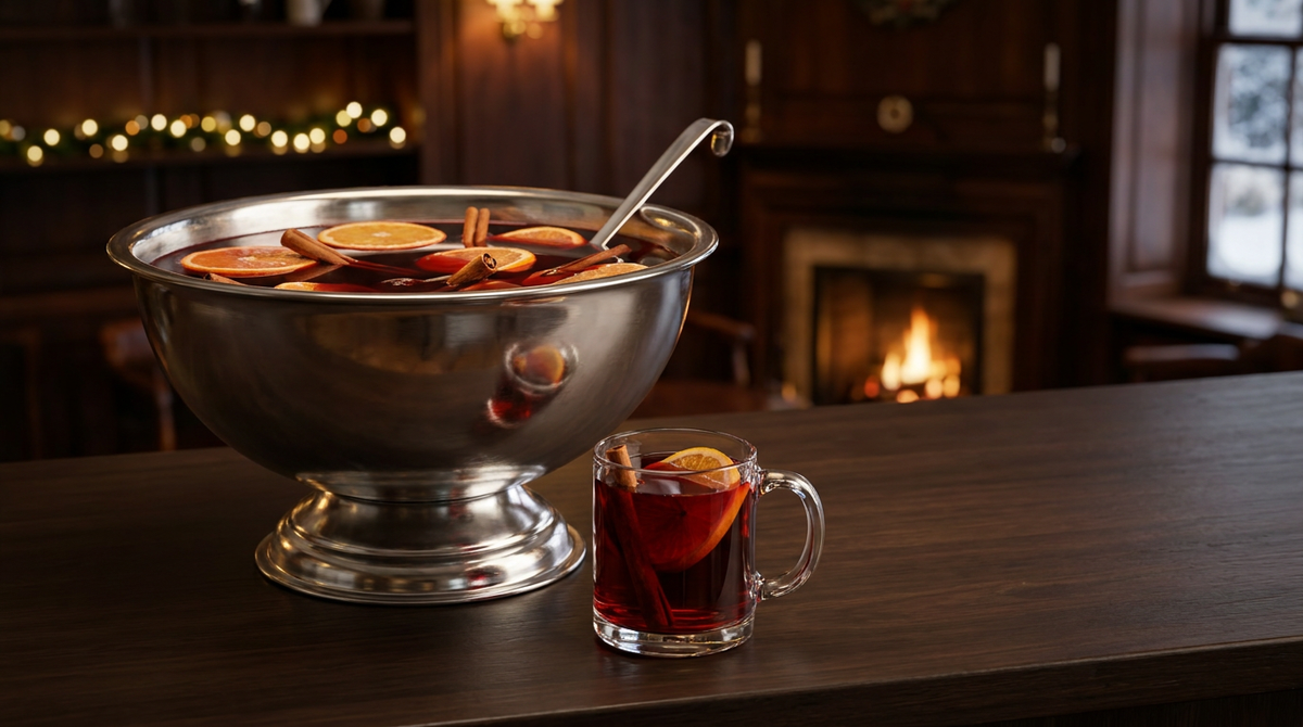 Bol à punch en argent rempli d'un punch chaud rouge aux rondelles d'orange et à la cannelle, louche et mug servi devant, sur un comptoir de caviste, guirlande et feu au fond