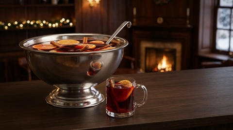 Bol à punch en argent rempli d'un punch chaud rouge aux rondelles d'orange et à la cannelle, louche et mug servi devant, sur un comptoir de caviste, guirlande et feu au fond