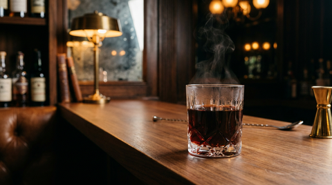 Caribou québécois dans un verre bas, robe rouge très sombre et fine vapeur, sur un comptoir de bar en noyer poli