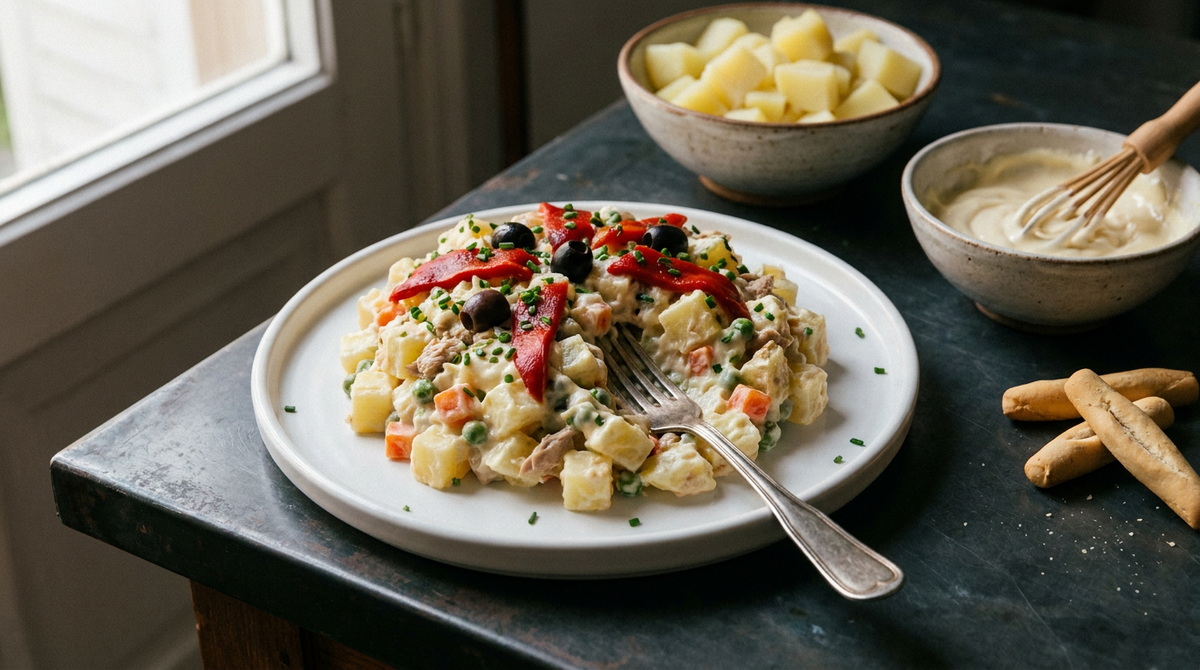 Ensaladilla rusa en dôme sur une assiette blanche, cubes de pomme de terre visibles liés d'une mayonnaise épaisse avec petits pois, carotte et thon, lanières de piquillo et olives noires dessus, bol de pommes de terre coupées et bol de mayonnaise au fouet