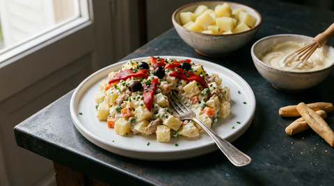 Ensaladilla rusa en dôme sur une assiette blanche, cubes de pomme de terre visibles liés d'une mayonnaise épaisse avec petits pois, carotte et thon, lanières de piquillo et olives noires dessus.