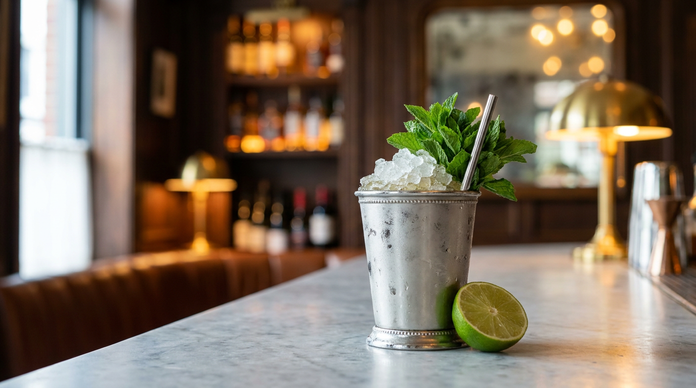 Jalisco Julep en timbale givrée, glace pilée et bouquet de menthe, sur un comptoir de marbre