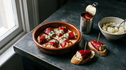 Piquillos rouge sombre farcis d'une crème de morue, alignés dans un plat en terre et nappés d'une sauce ivoire, deux servis sur baguette avec des piques, boîte de piquillos entiers et bol de farce avec sa cuillère