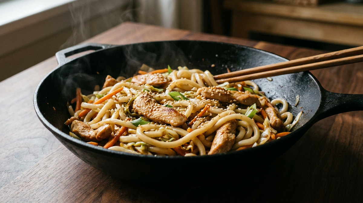 Udon au poulet dans un wok en fonte, grosses nouilles blanches et épaisses sautées avec des lanières de poulet doré, chou et carotte en julienne, oignons verts, sésame, baguettes, table de bois sombre, lumière chaude
