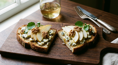 Deux tranches de pain de campagne grillées sur une planche en noyer, émiettées de roquefort en gros morceaux irréguliers, lamelles fines de poire en éventail, cerneaux de noix rompus à la main, filet de miel, feuilles de cresson