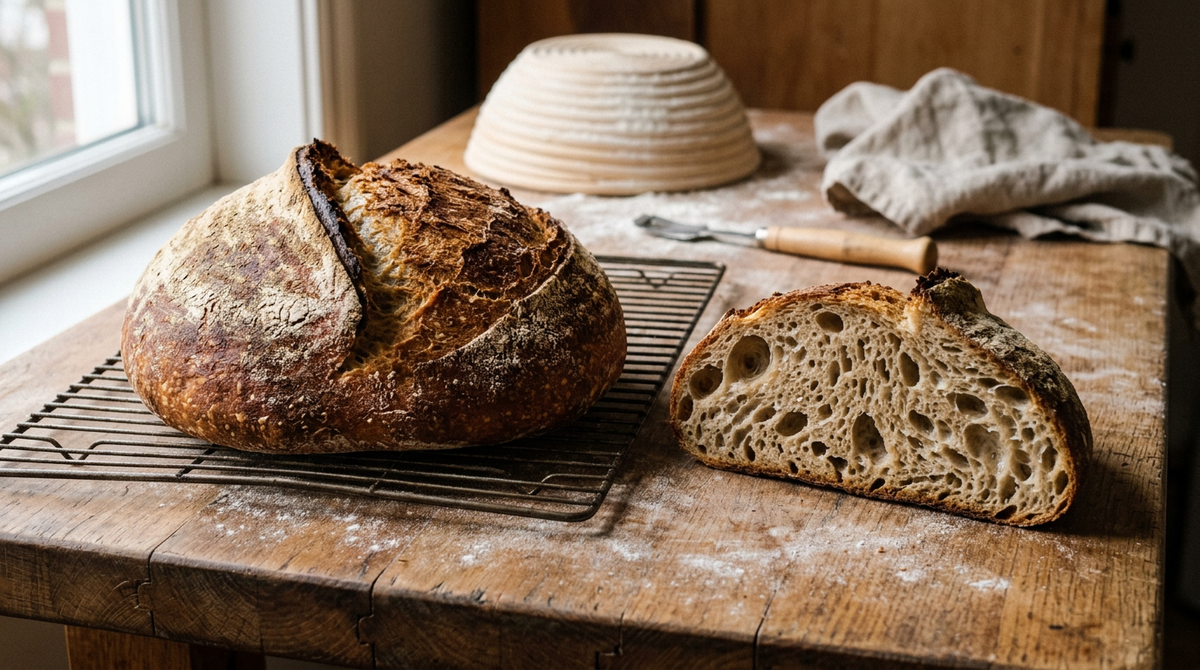 Miche de pain de campagne à la grigne ouverte sur une grille, avec un quartier coupé montrant une mie aux alvéoles inégales
