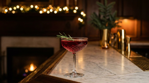 Coupe en cristal d'un cocktail rouge rubis à la cranberry, brin de romarin sur le bord, sur un comptoir de marbre, guirlande lumineuse floue et feu de cheminée au fond
