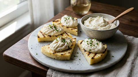 Crème de morue fouettée blanc ivoire déposée en quenelle sur quatre triangles de polenta grillée marquée au gril, poivre du moulin et ciboulette ciselée, bol en céramique rempli de la même crème avec une cuillère en bois plantée