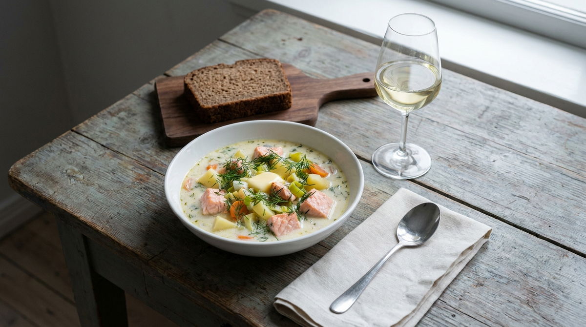 Lohikeitto, soupe de saumon finlandaise dans un bol blanc, saumon rose, pommes de terre et carottes dans un bouillon crémeux, aneth, pain de seigle, verre de vin blanc