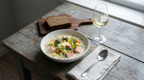 Lohikeitto, soupe de saumon finlandaise dans un bol blanc, saumon rose, pommes de terre et carottes dans un bouillon crémeux, aneth, pain de seigle, verre de vin blanc