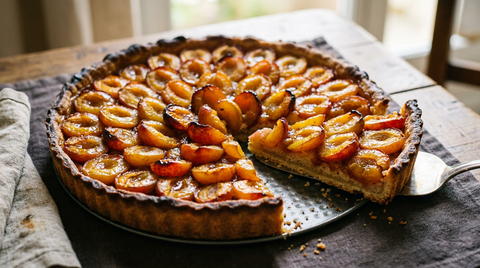 Tarte aux mirabelles dorée, moitiés de prunes serrées et caramélisées, pâte croustillante, une part coupée