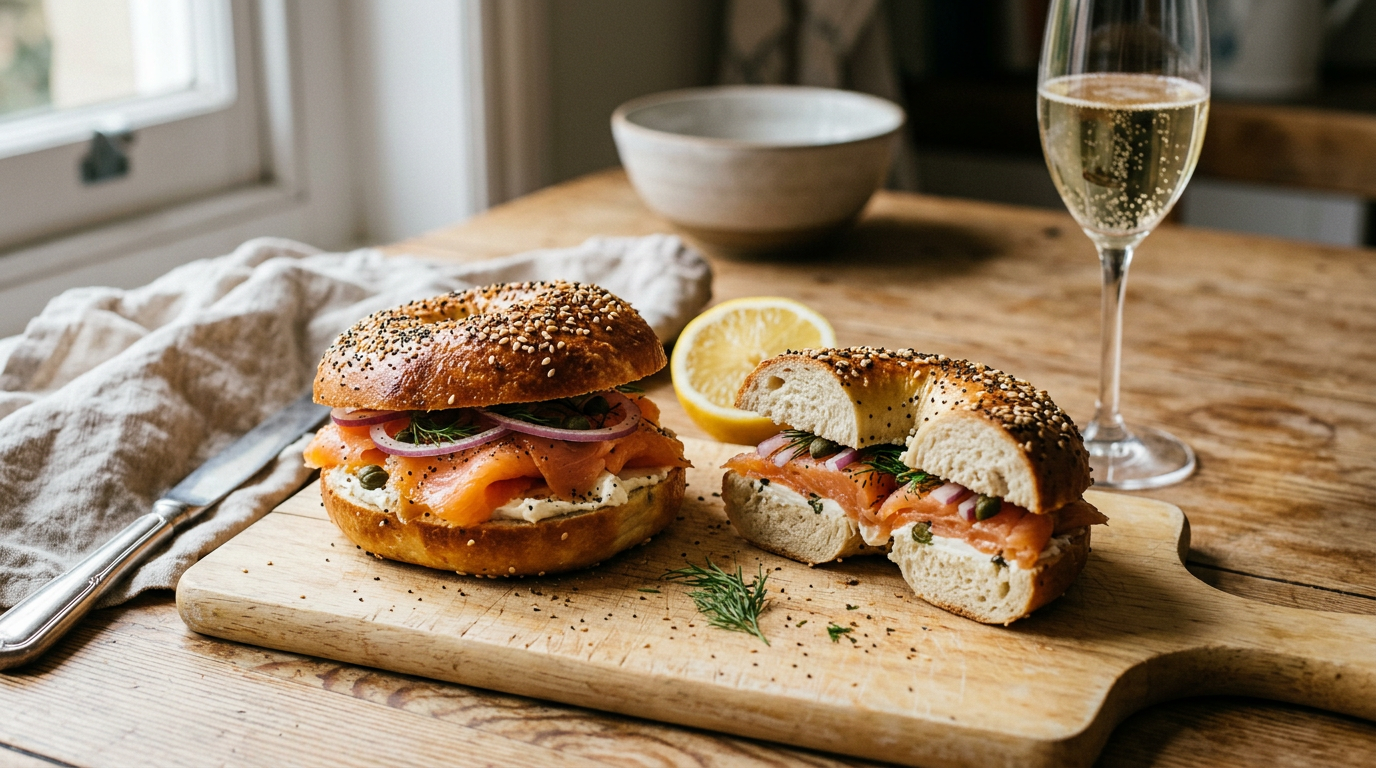 Bagels maison aux graines de sésame garnis de saumon fumé, fromage frais, oignon rouge et câpres sur une planche en bois