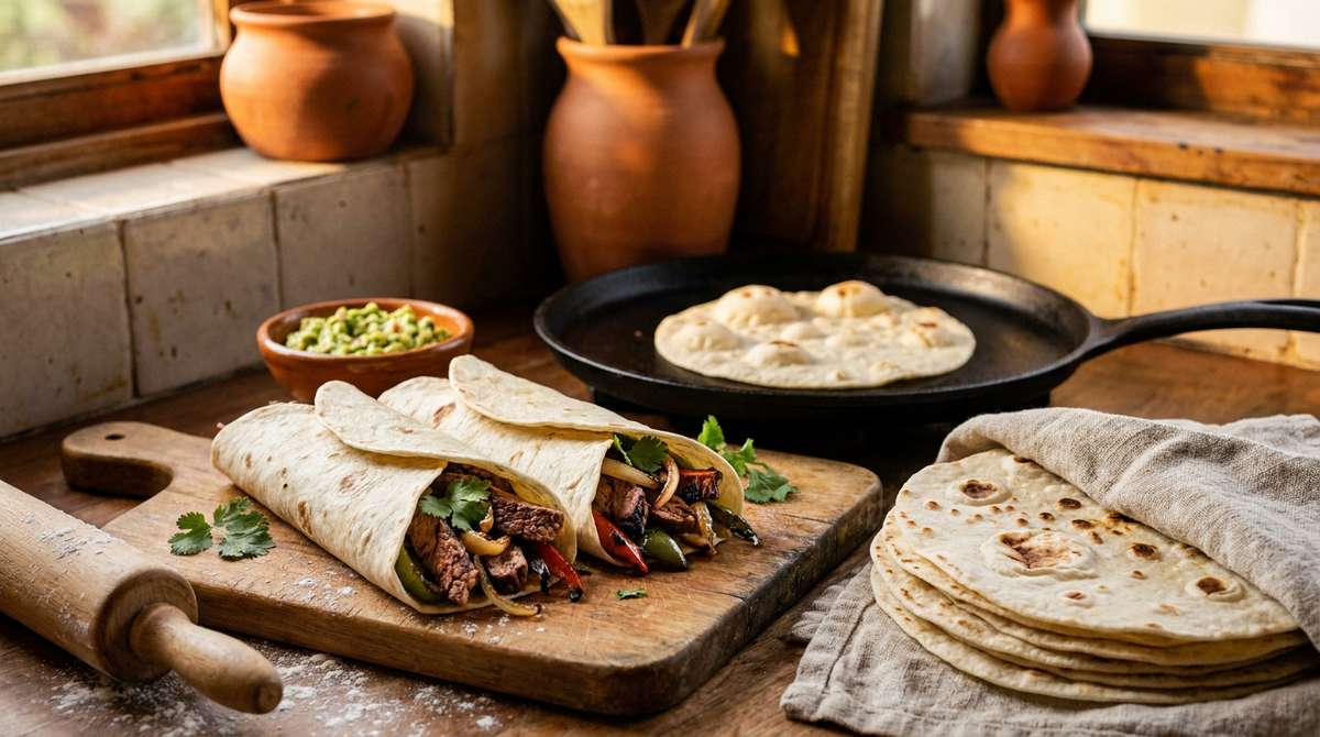 Pile de tortillas de blé souples et tachetées de brun dans un linge, une tortilla cuisant dans une poêle en fonte, des fajitas roulées au bœuf et aux poivrons devant, rouleau et farine, table mexicaine, lumière chaude