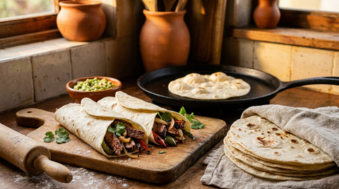 Pile de tortillas de blé souples et tachetées de brun dans un linge, une tortilla cuisant dans une poêle en fonte, des fajitas roulées au bœuf et aux poivrons devant, rouleau et farine, table mexicaine, lumière chaude